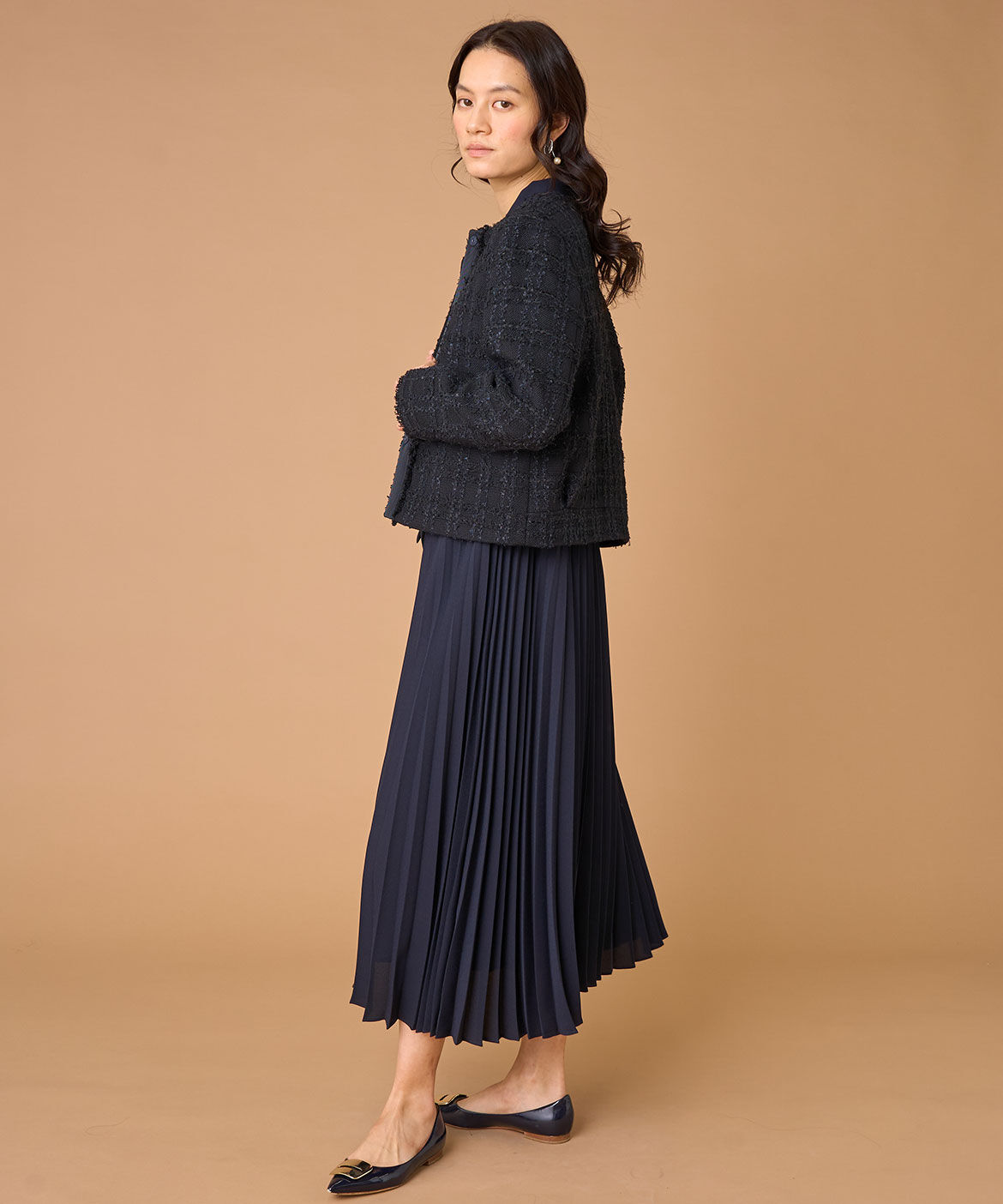 INED「《大きいサイズ》ノーカラーツイードジャケット《LINTON》」|ノーカラージャケット|