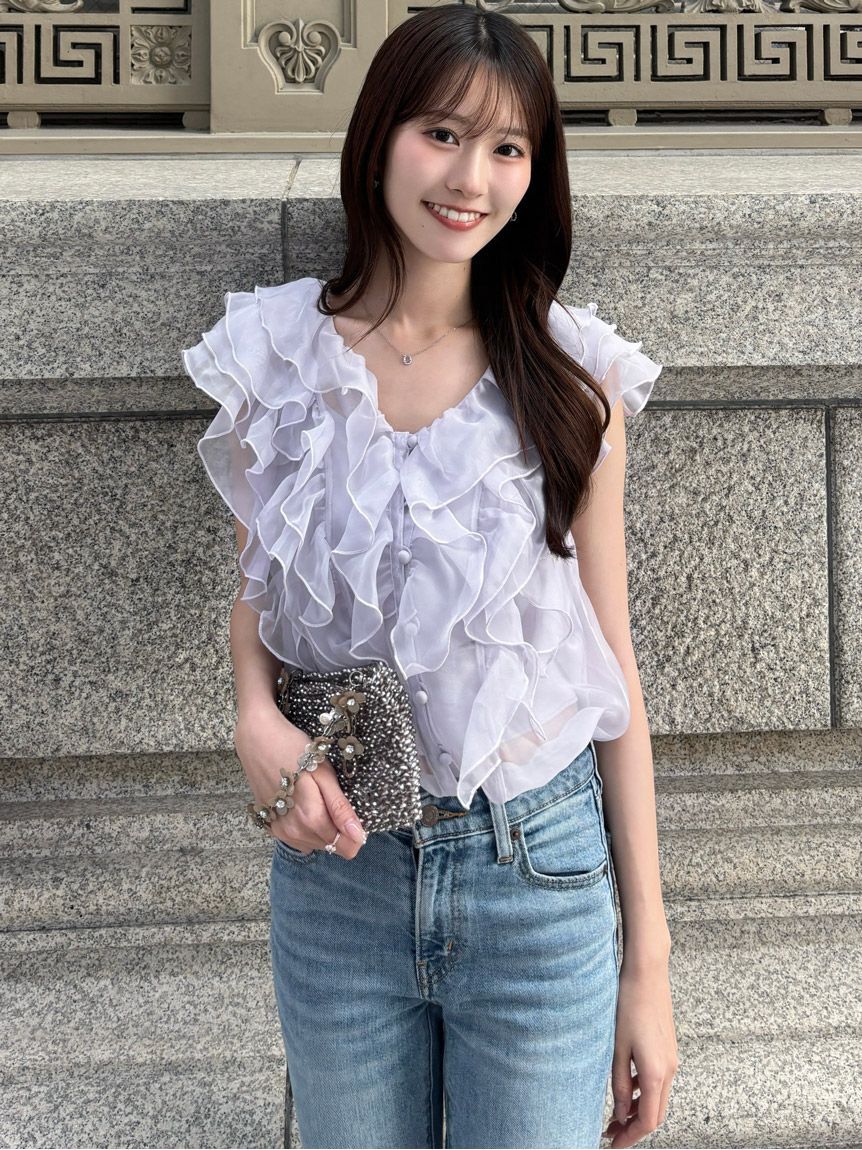 SNIDEL「【新色追加/WEB限定カラーあり】ノースリフリルブラウス」|シャツ・ブラウス|LAV