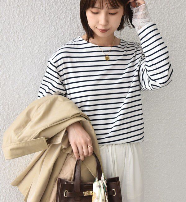 SHIPS Colors 「【WEB限定】〈手洗い可能〉レース 切替スリーブ ボーダー カットソー◇」|Tシャツ・カットソー|
