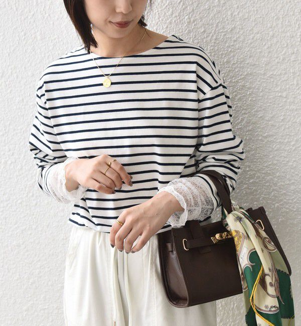 SHIPS Colors 「【WEB限定】〈手洗い可能〉レース 切替スリーブ ボーダー カットソー◇」|Tシャツ・カットソー|