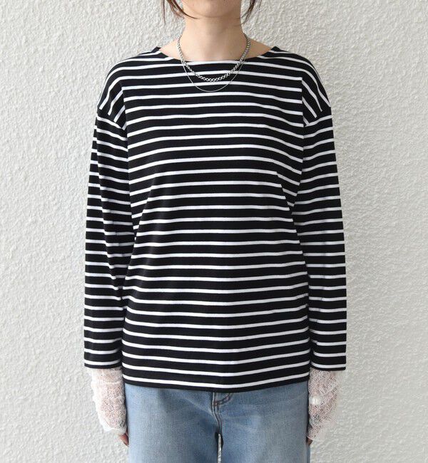 SHIPS Colors 「【WEB限定】〈手洗い可能〉レース 切替スリーブ ボーダー カットソー◇」|Tシャツ・カットソー|