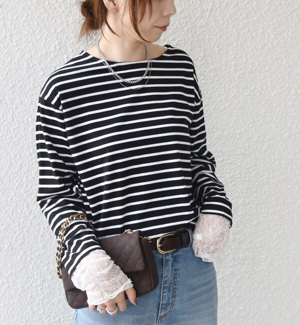 SHIPS Colors 「【WEB限定】〈手洗い可能〉レース 切替スリーブ ボーダー カットソー◇」|Tシャツ・カットソー|