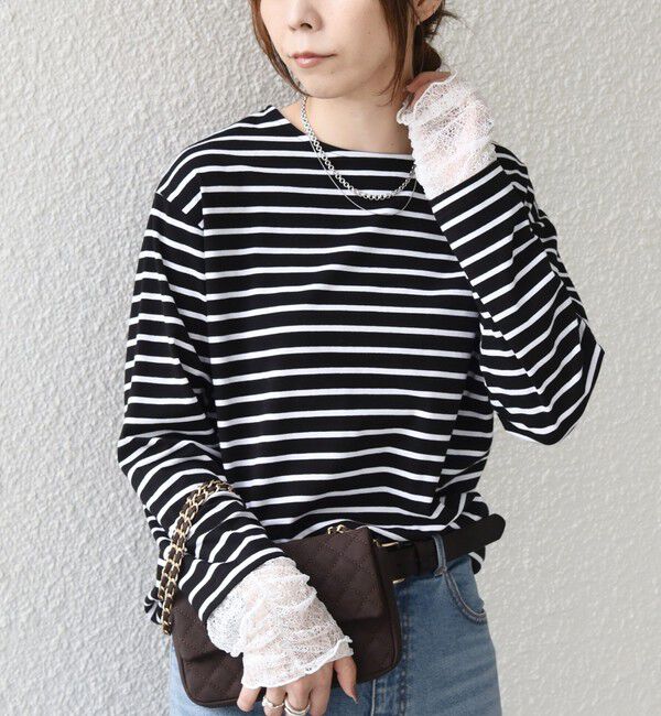 SHIPS Colors 「【WEB限定】〈手洗い可能〉レース 切替スリーブ ボーダー カットソー◇」|Tシャツ・カットソー|