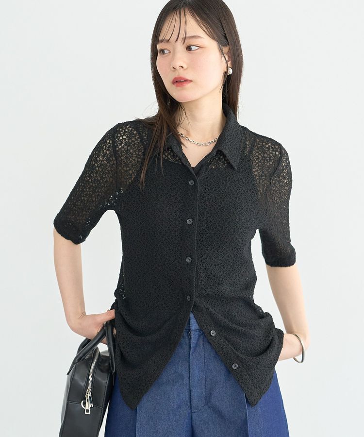 earth music&ecology「ストレッチレース襟付シャツ」|シャツ・ブラウス|Black