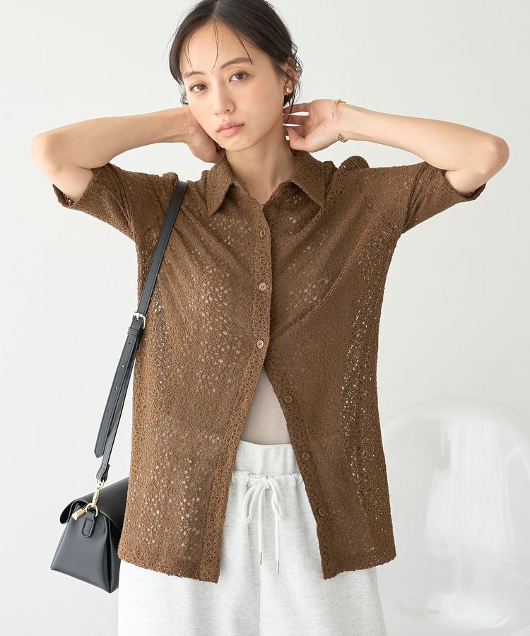 earth music&ecology「ストレッチレース襟付シャツ」|シャツ・ブラウス|Brown