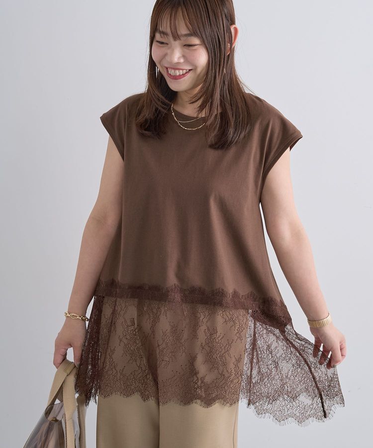 Green Parks「裾レースイレヘムフレンチTシャツ」|Tシャツ・カットソー|Brown