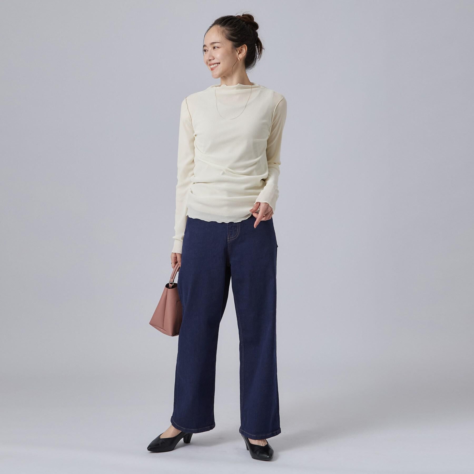 SHOO･LA･RUE「【S-LL/ストレッチ/色落ちしにくいネイビー】脚がまっすぐきれいに見える ワイドストレートデニムパ」|デニム|