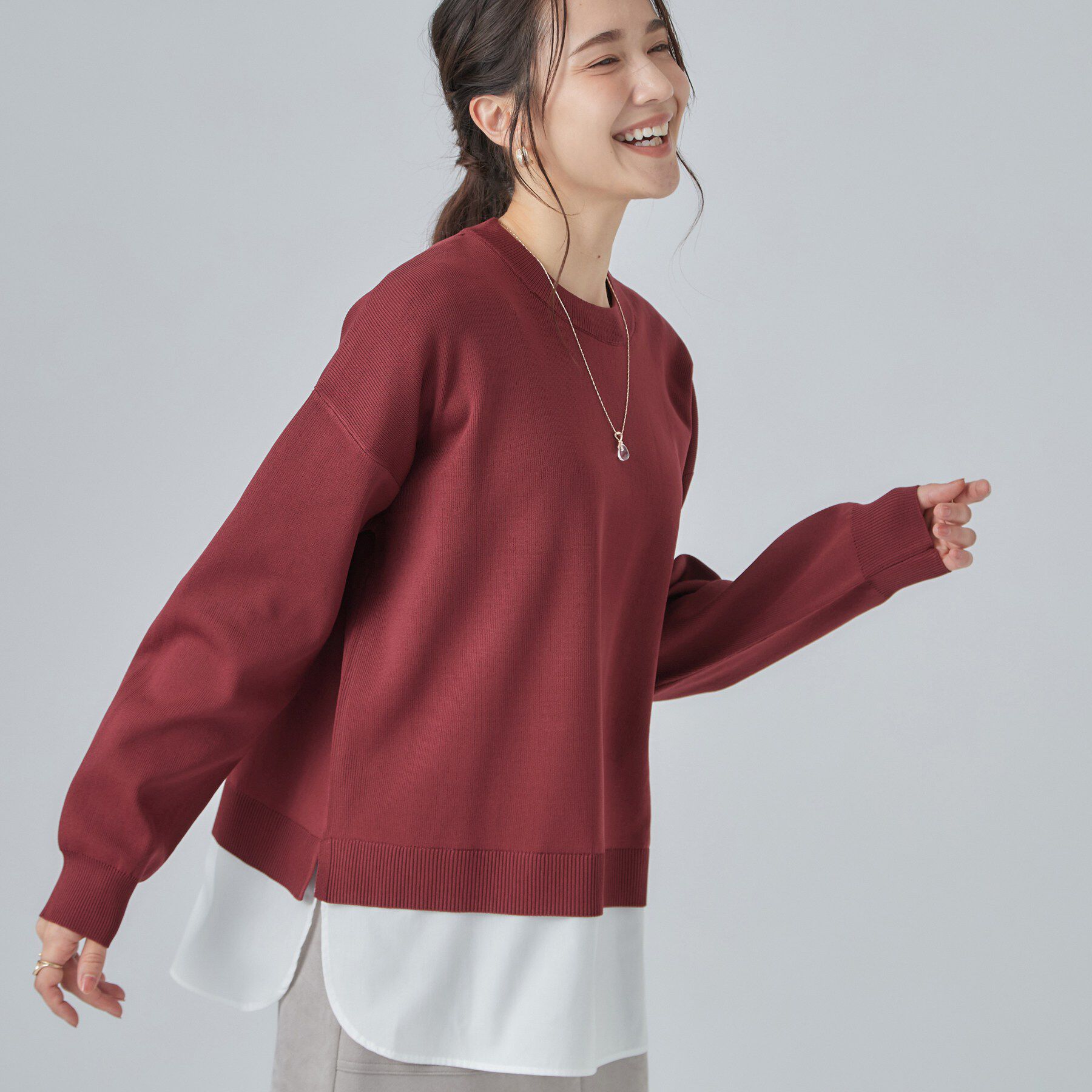 SHOO･LA･RUE「【S-LL】着るだけできまる シャツレイヤード風 スポンディッシュニット」|ニット・セーター|ボルドー(064)