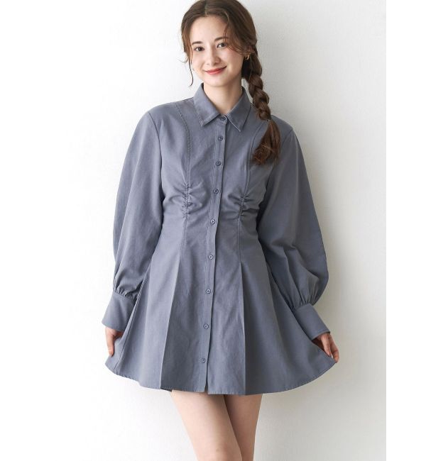CALNAMUR「ギャザリングシャツミニワンピース」|ワンピース|ブルー