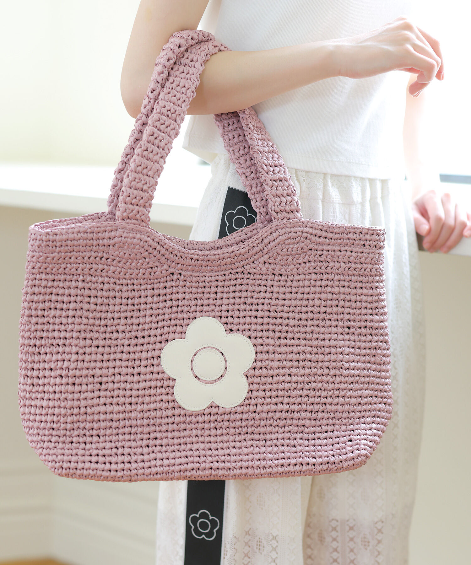 MARY QUANT「クロッシェラフィアライク トート」|トートバッグ|ピンク