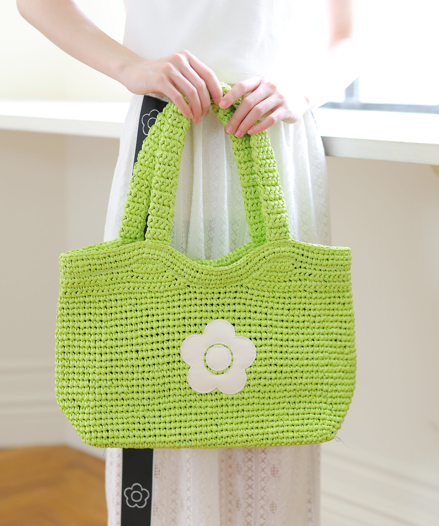 MARY QUANT「クロッシェラフィアライク トート」|トートバッグ|ライトグリーン