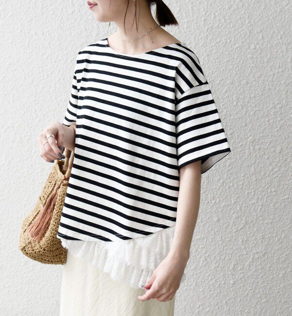 SHIPS any「SHIPS any:〈洗濯機可能〉レース ヘム アシンメトリー ショートスリーブ TEE」|Tシャツ・カットソー|