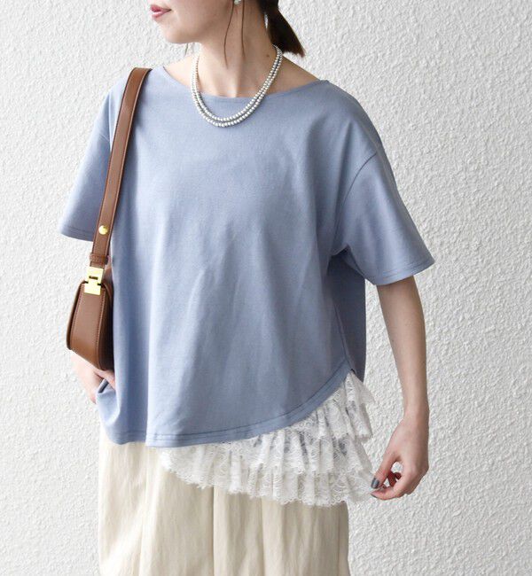 SHIPS any「SHIPS any:〈洗濯機可能〉レース ヘム アシンメトリー ショートスリーブ TEE」|Tシャツ・カットソー|