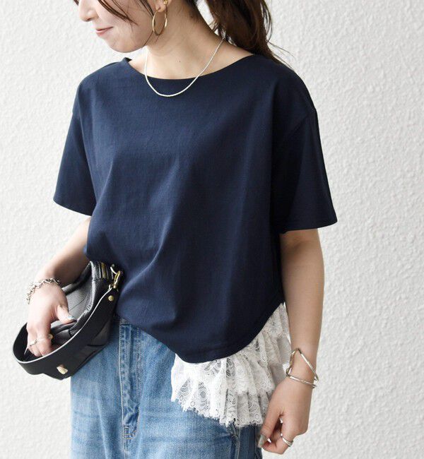 SHIPS any「SHIPS any:〈洗濯機可能〉レース ヘム アシンメトリー ショートスリーブ TEE」|Tシャツ・カットソー|