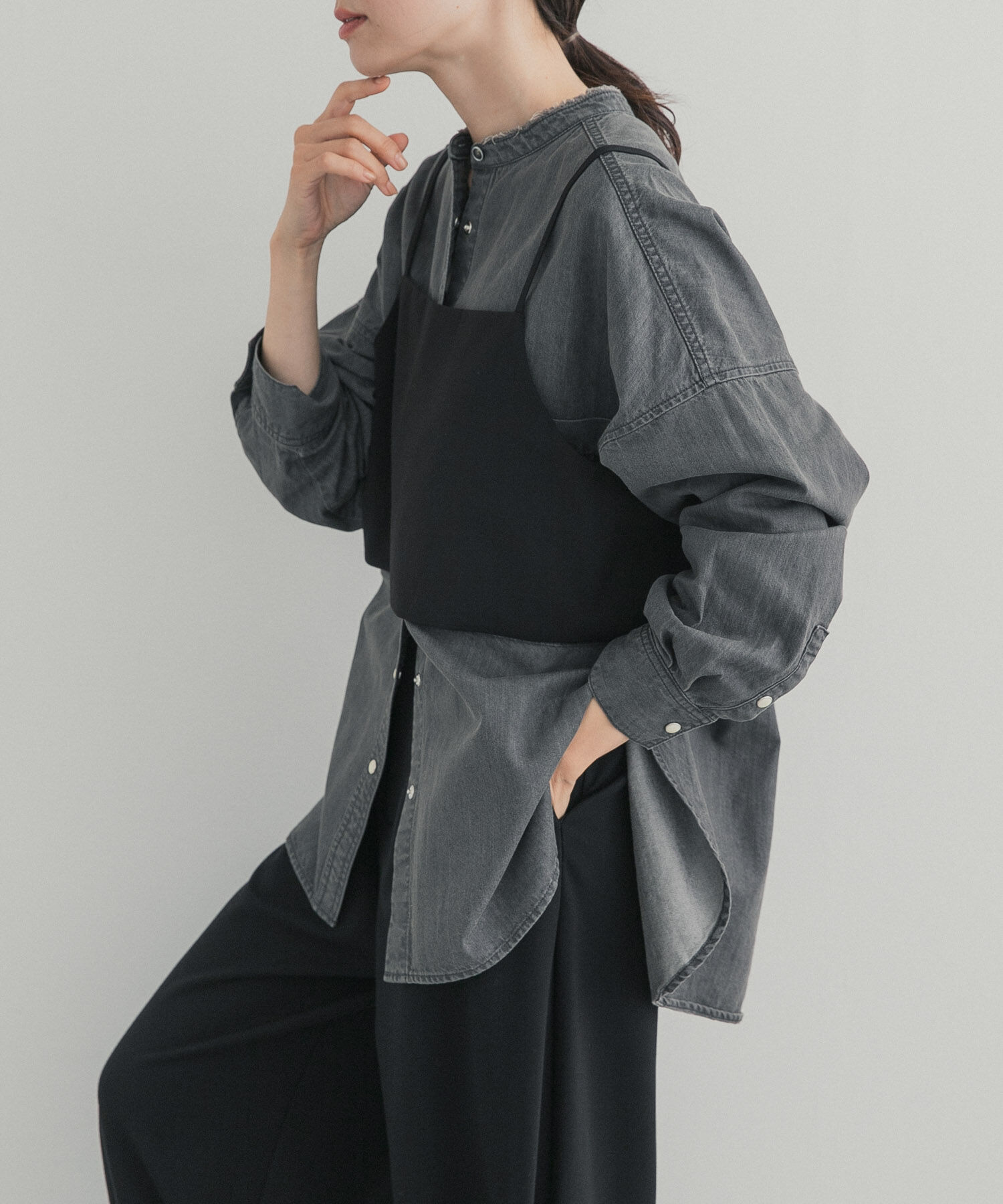 URBAN RESEARCH DOORS「デニムバンドカラーシャツ」|シャツ・ブラウス|ブラック