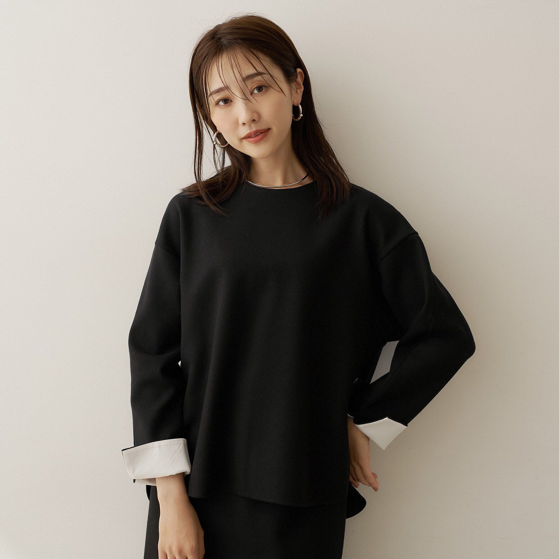 UNTITLED「【セットアップ可/スウェットライク】袖口シャツドッキングプルオーバー」|Tシャツ・カットソー|ブラック(019)
