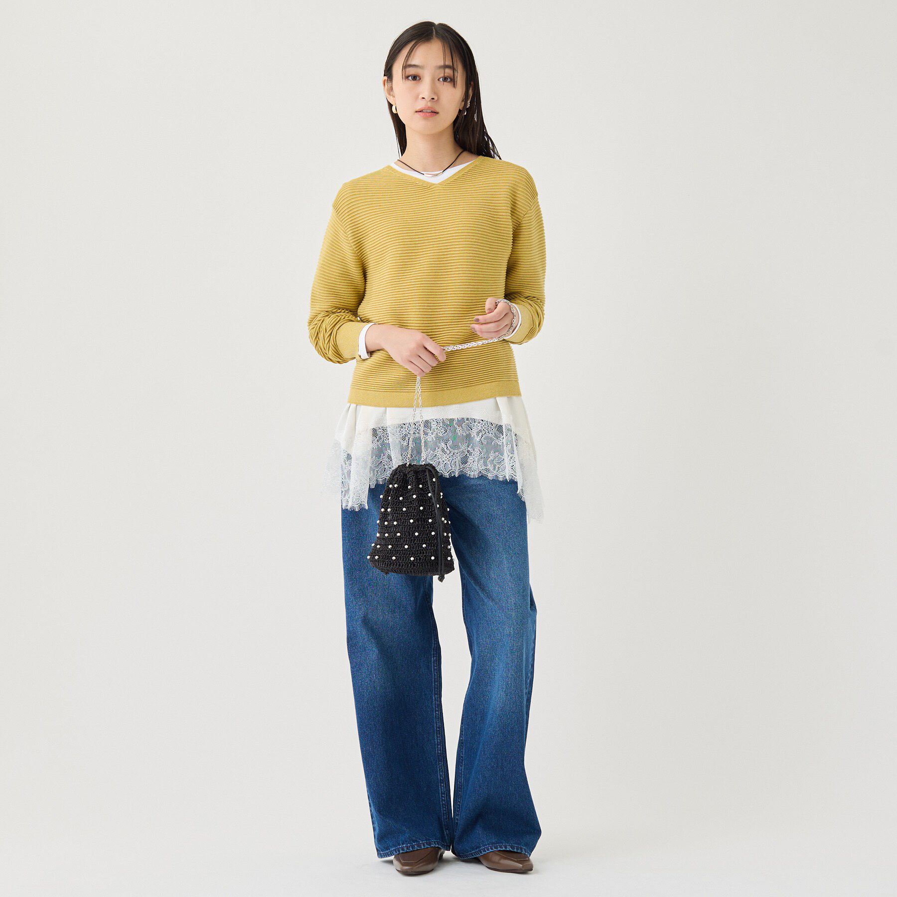 INDIVI「【ウール混／体型カバー】ラメガーター編み Vネックニット」|ニット・セーター|
