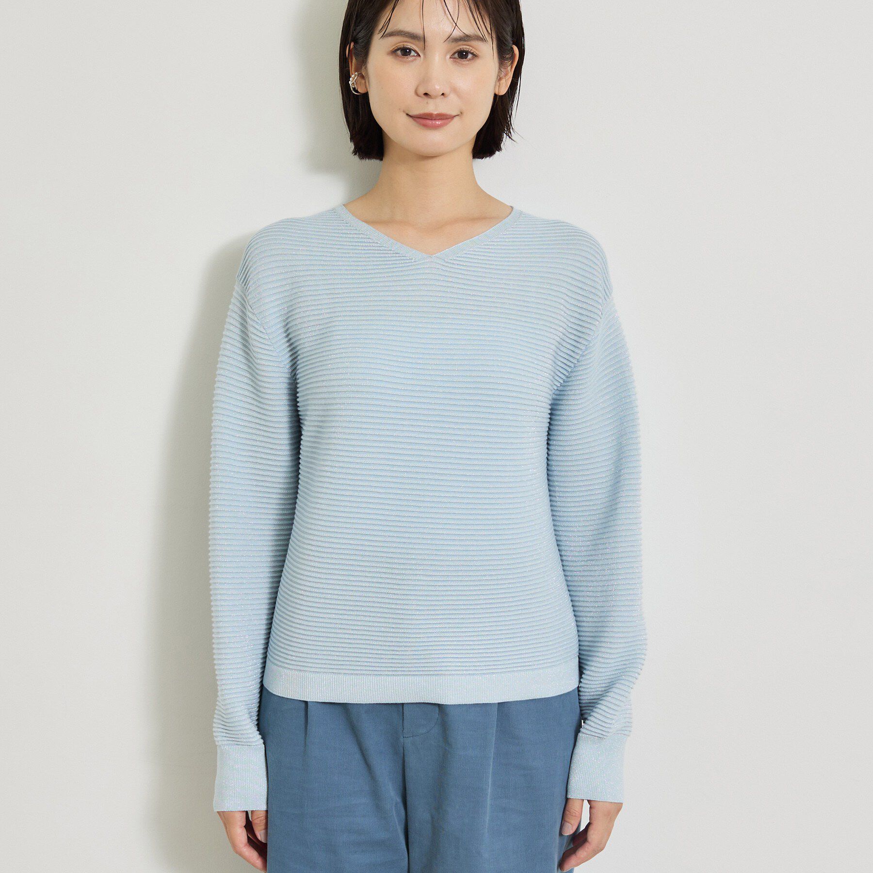 INDIVI「【ウール混／体型カバー】ラメガーター編み Vネックニット」|ニット・セーター|