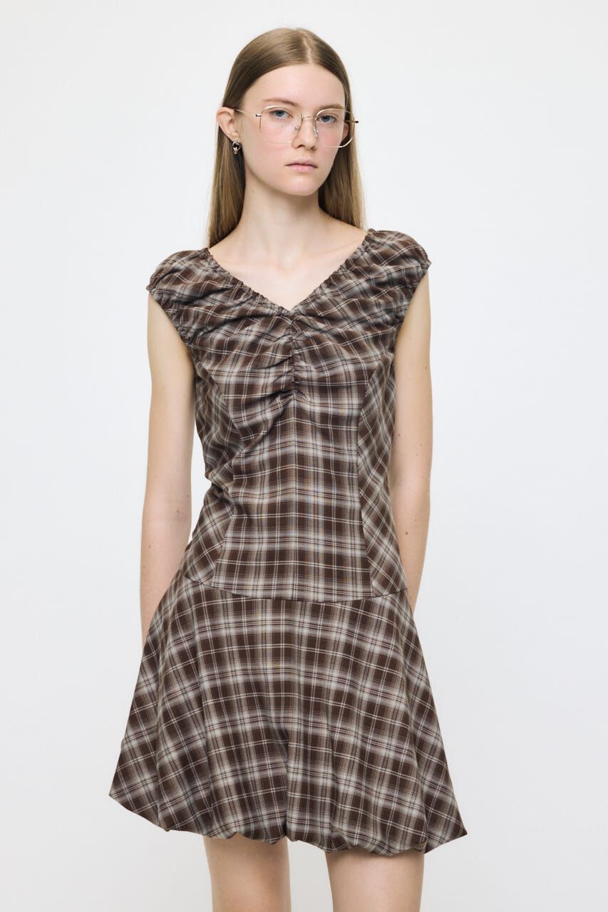 MOUSSY「CHECK BALLOON MINI ドレス」|ワンピース|BRN