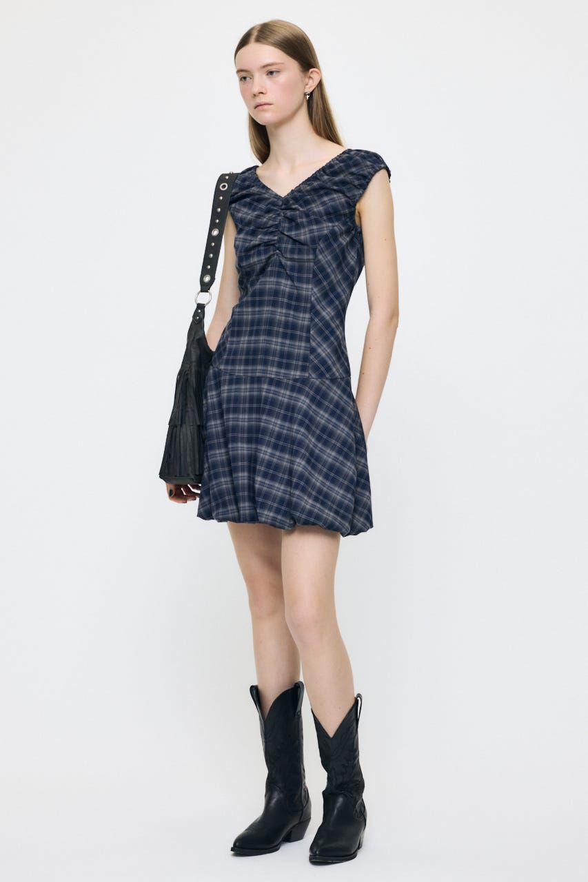 MOUSSY「CHECK BALLOON MINI ドレス」|ワンピース|