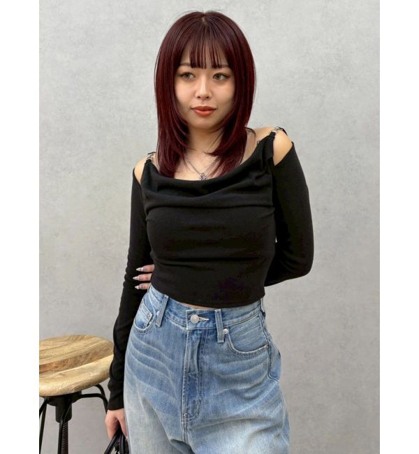 EVRIS「チェーンドレープリブトップス」|Tシャツ・カットソー|ブラック