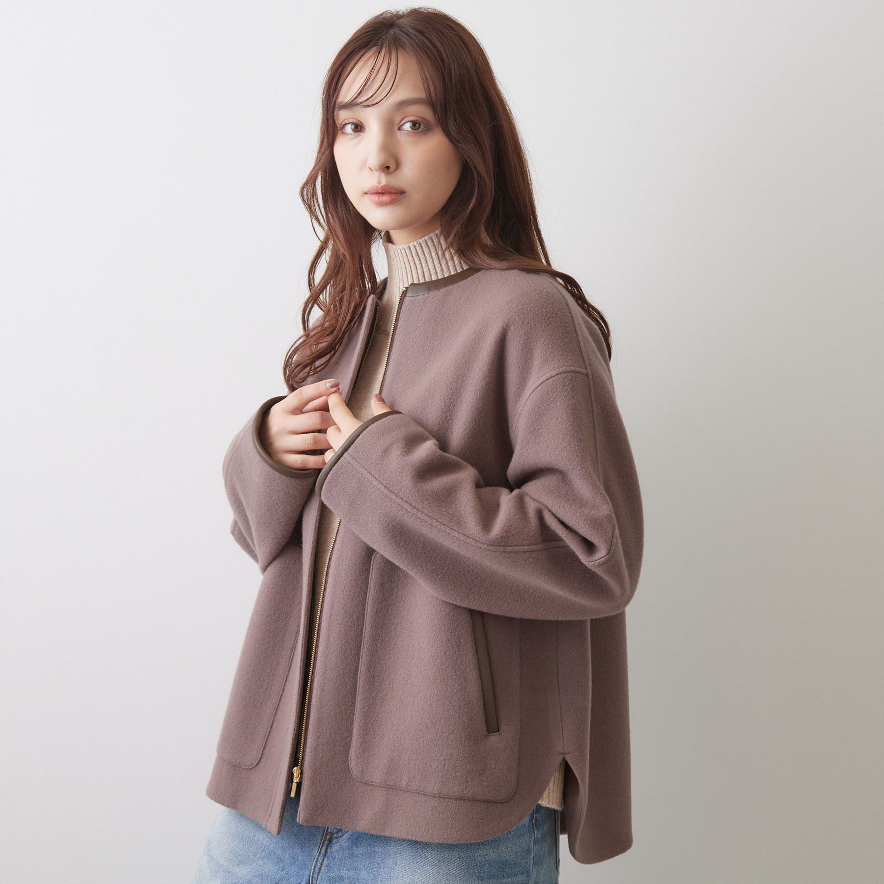 DRESSTERIOR「Super140's レザー調パイピングジャケット」|ブルゾン・スタジャン|
