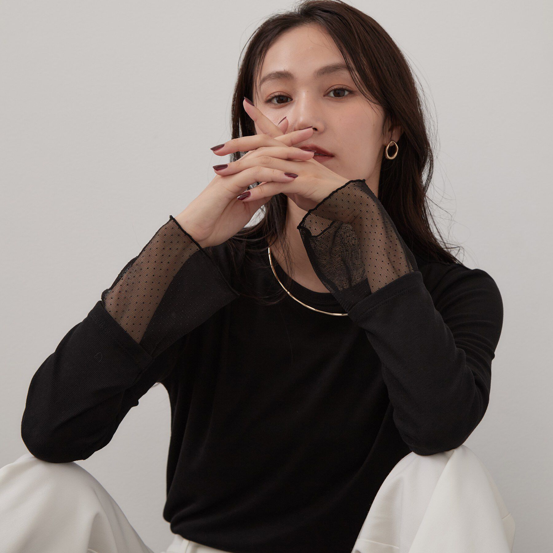 OPAQUE.CLIP「袖口レース／ドットチュール切替トップス【洗濯機OK】」|Tシャツ・カットソー|ブラック(119)