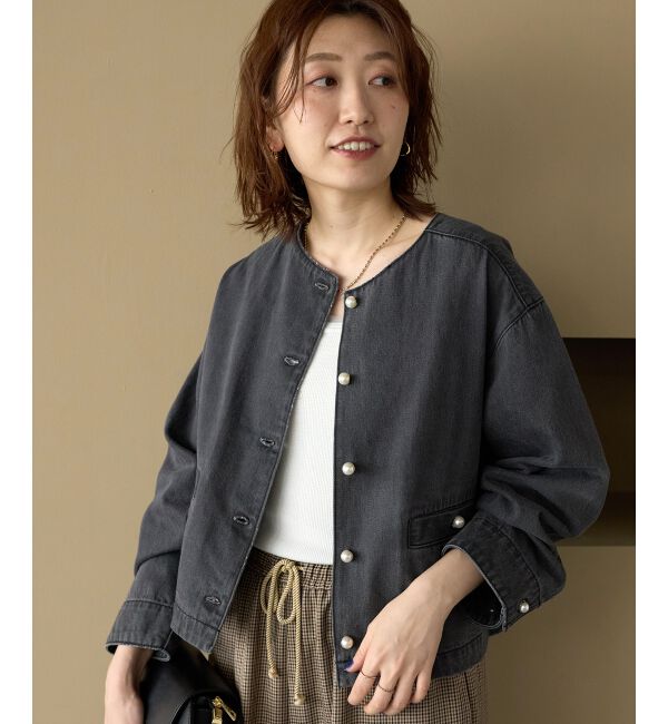  「パールボタンノーカラーデニムジャケット」|その他|