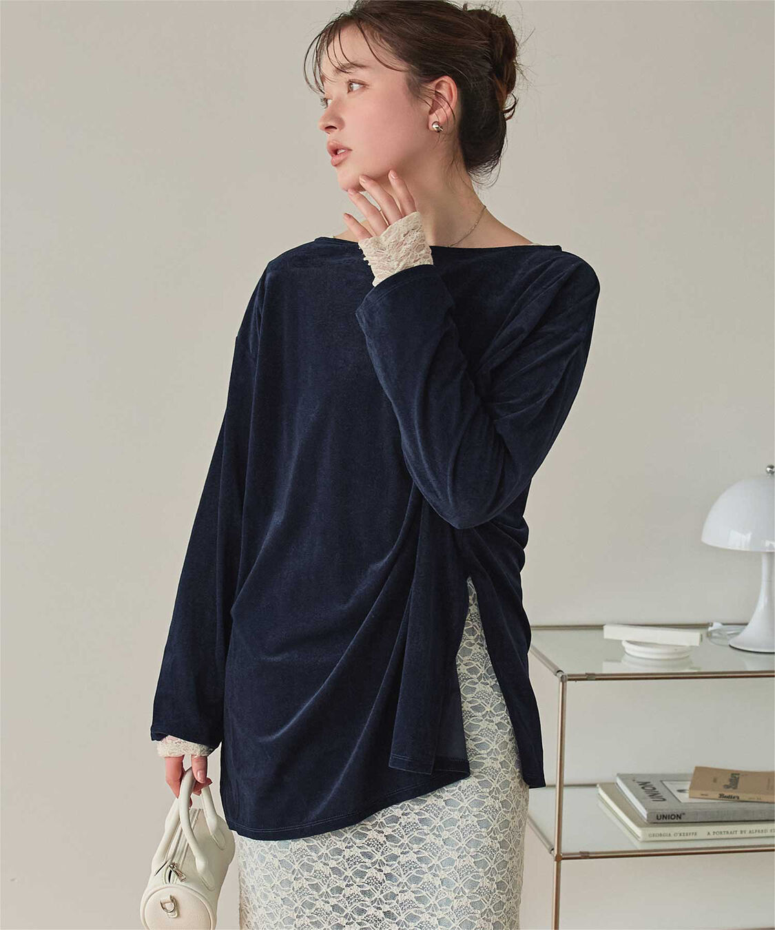 titivate「シアーベロアオーバーサイズロングTシャツ」|Tシャツ・カットソー|ネイビー