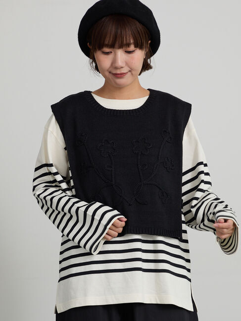 Samansa Mos2「コード刺繍ニットベスト」|ダウンベスト・ベスト|ブラック