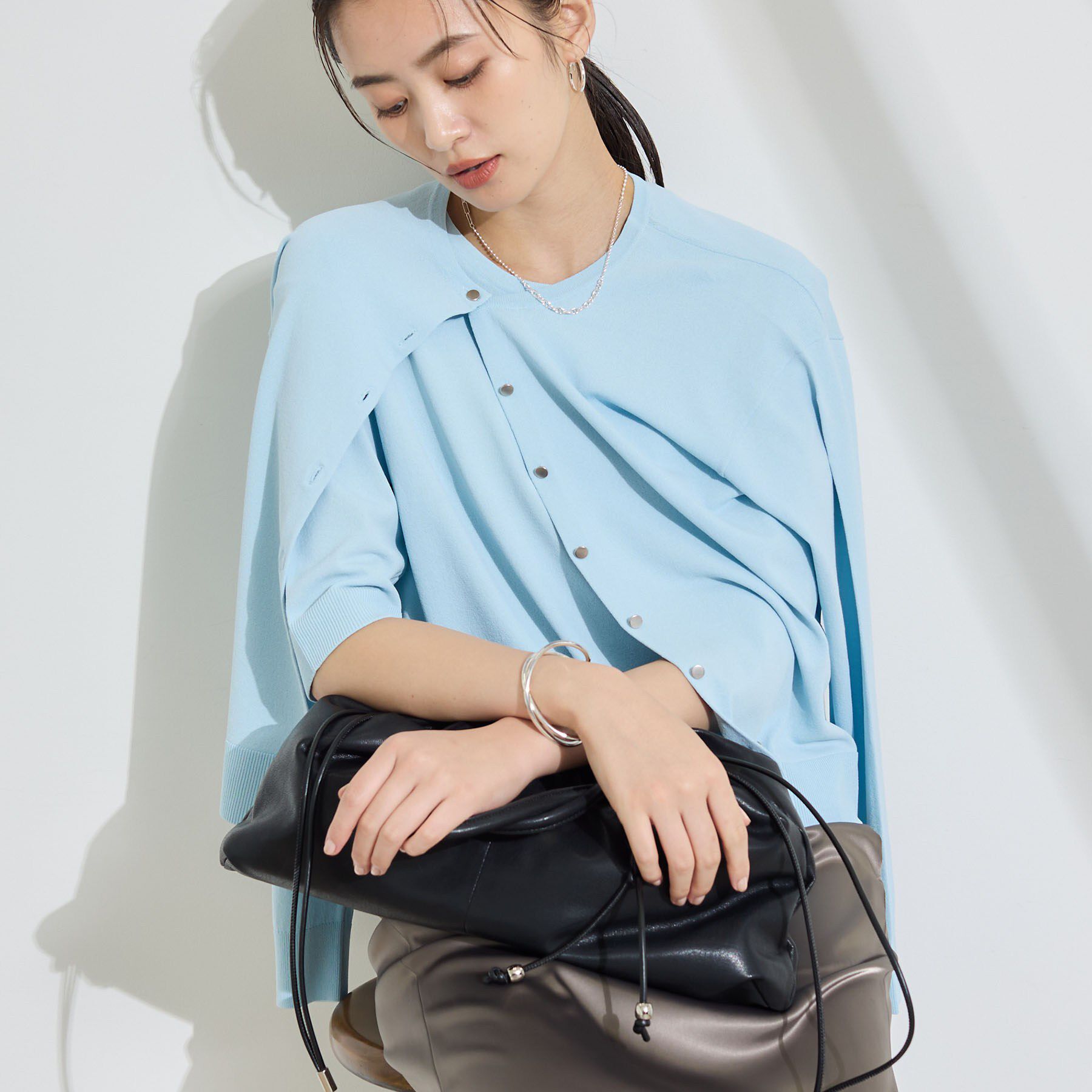INDIVI「【2点セット】5分袖ニット＆カーディガン きれいめアンサンブルニット」|その他|サックスブルー(09