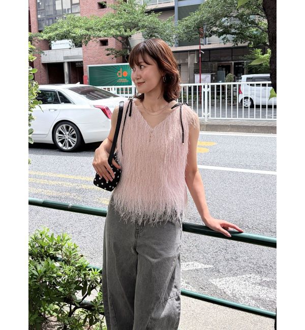 LAGUNAMOON「フェザーVネックリボントップス」|Tシャツ・カットソー|