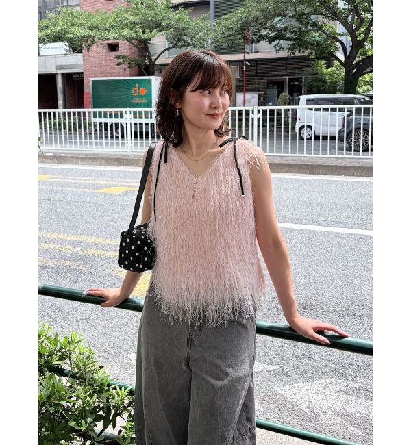 LAGUNAMOON「フェザーVネックリボントップス」|Tシャツ・カットソー|