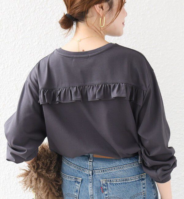 SHIPS for women「《予約》【WEB限定】〈洗濯機可能〉オーガニックコットン フリル ロングスリーブ TEE」|Tシャツ・カットソー|ダークグレー