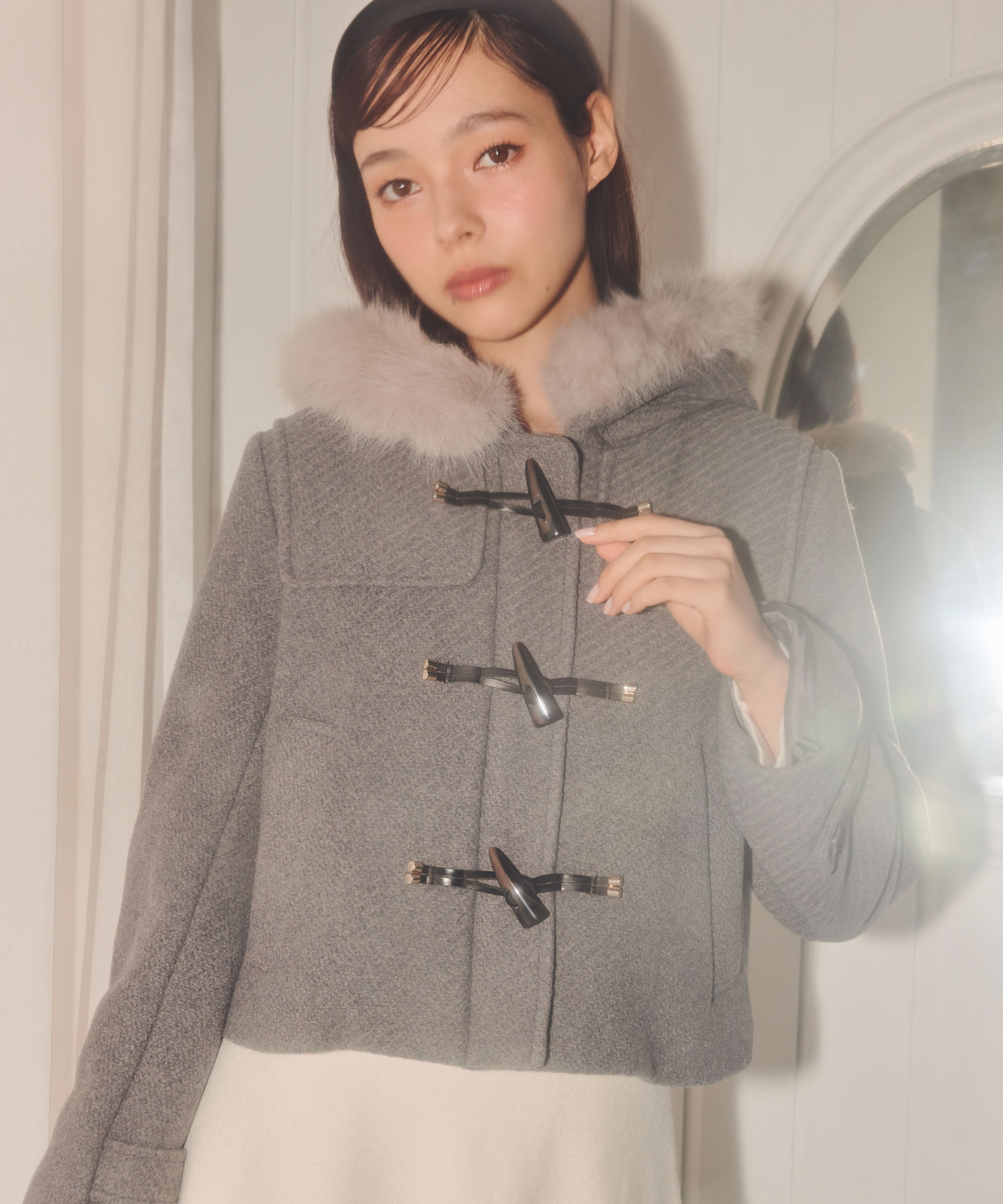  「フェイクファー付ショートダッフルコート」|その他|グレー