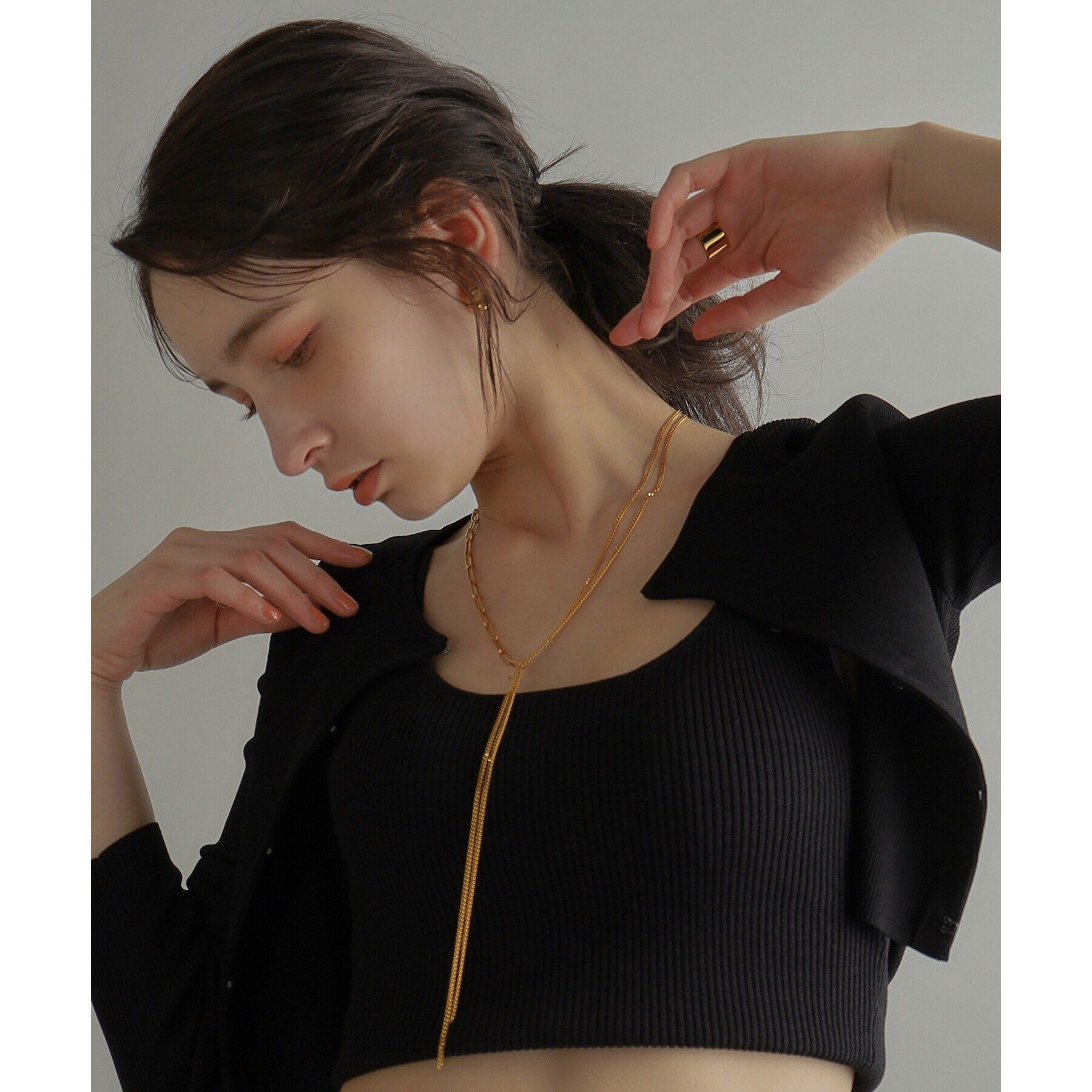 COCOSHNIK ONKITSCH「シルバー ミックスチェーン フラット カーブドレープY ネックレス GP」|ネックレス|