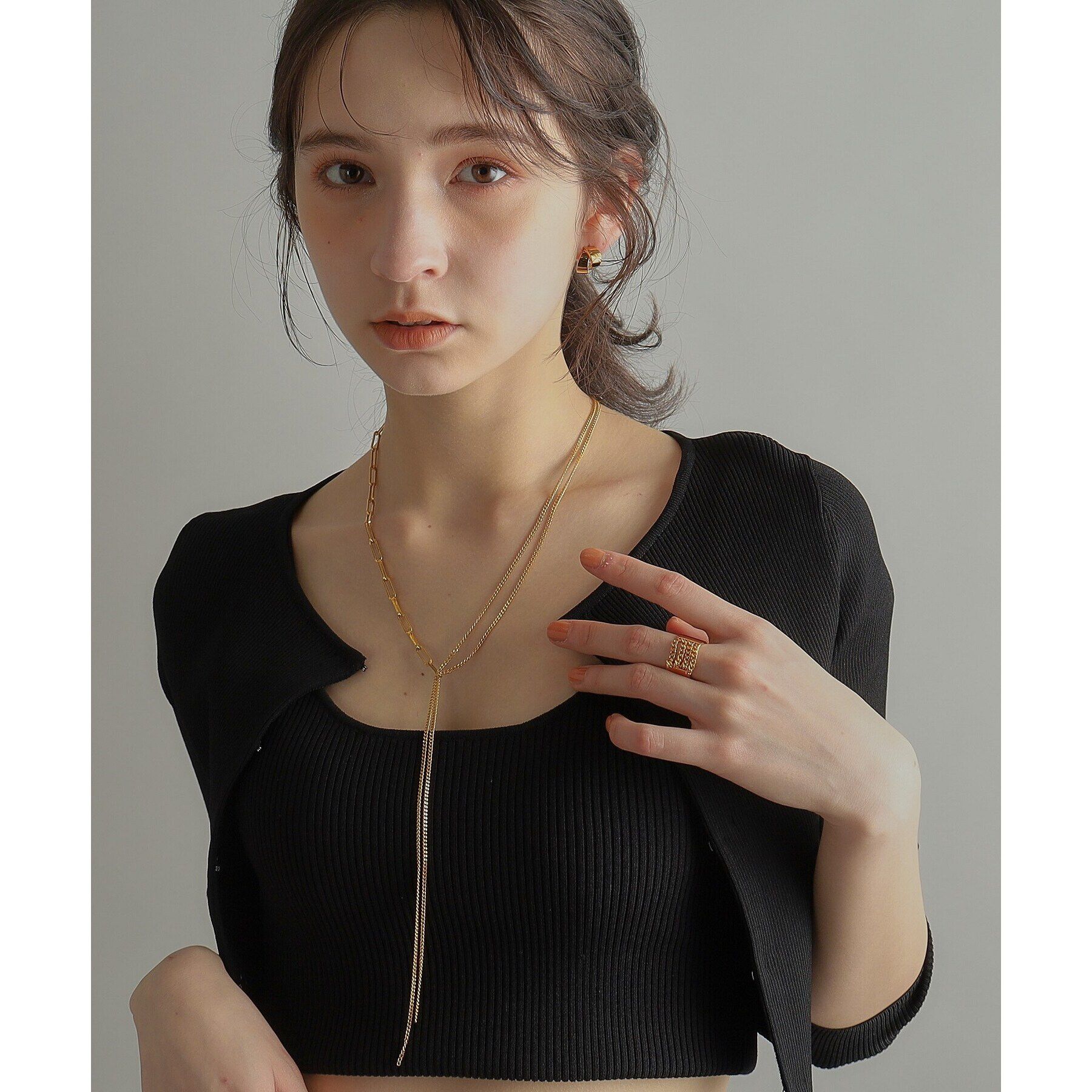 COCOSHNIK ONKITSCH「シルバー ミックスチェーン フラット カーブドレープY ネックレス GP」|ネックレス|