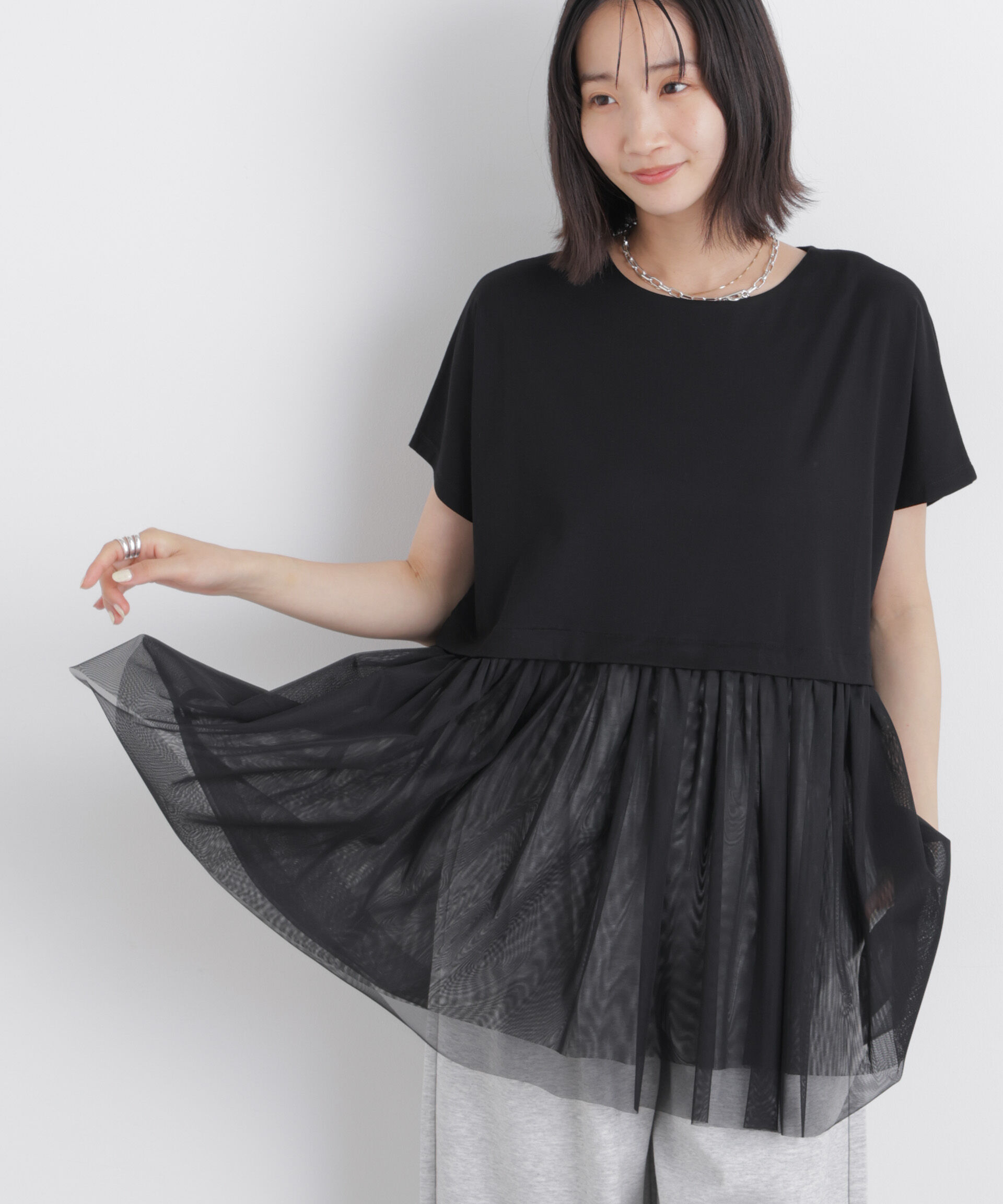 NANO universe「チュールドッキングカットトップス」|Tシャツ・カットソー|ブラック