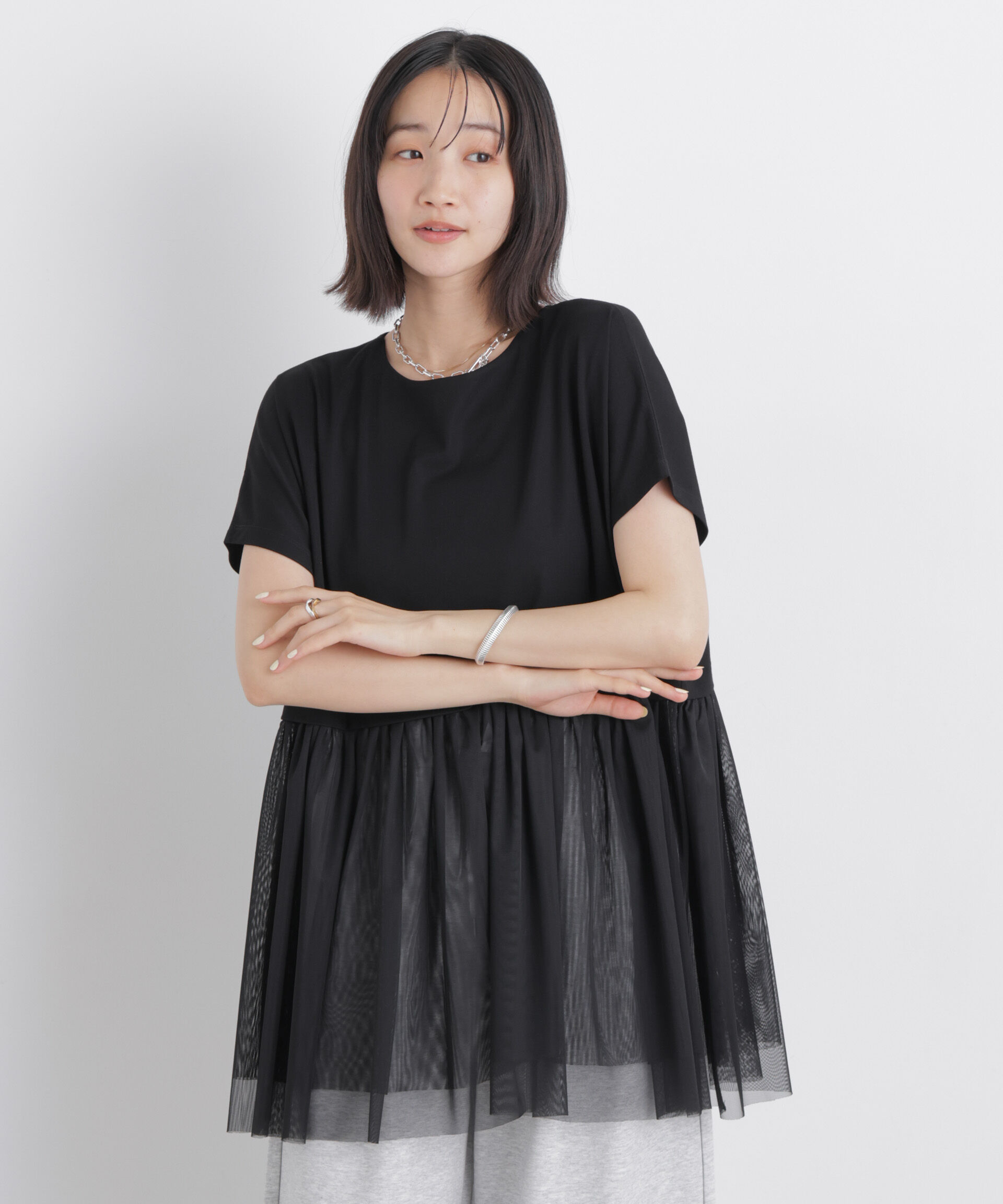 NANO universe「チュールドッキングカットトップス」|Tシャツ・カットソー|