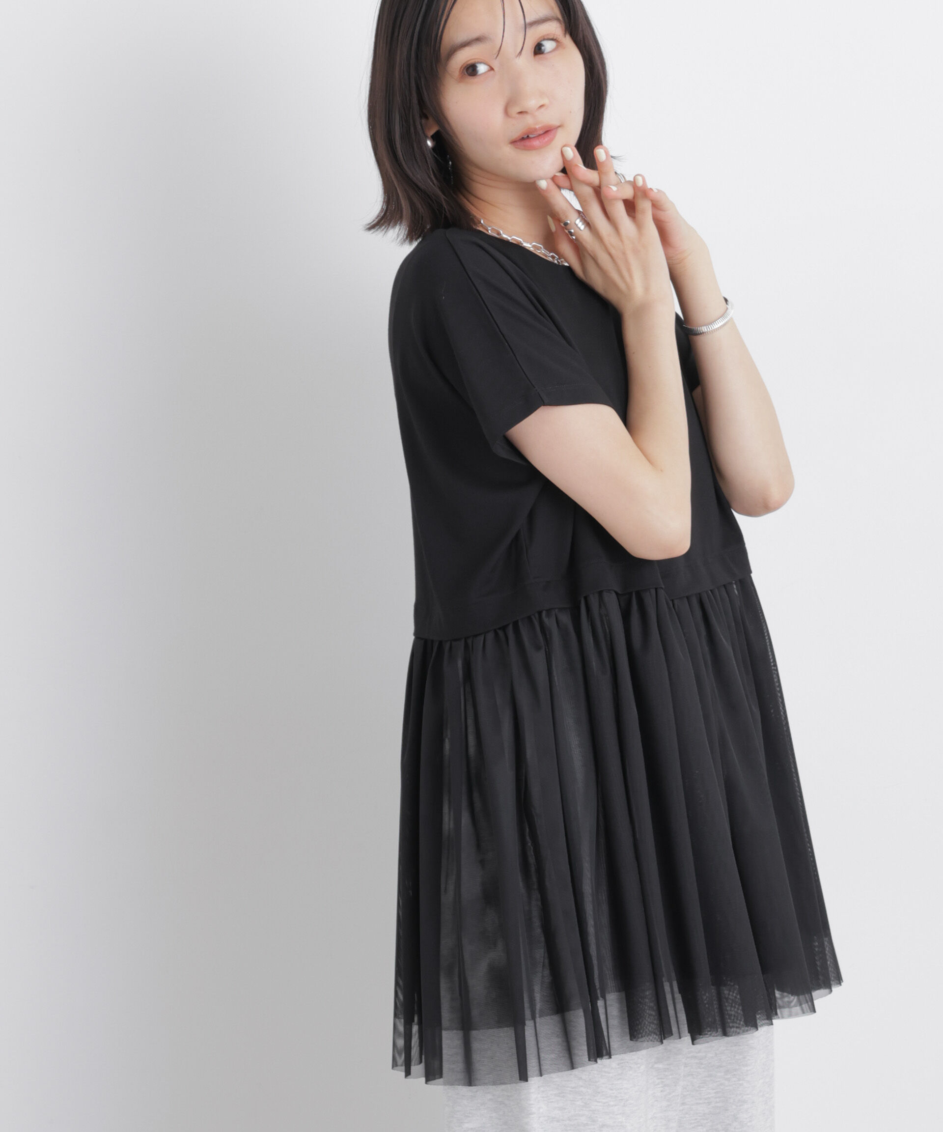 NANO universe「チュールドッキングカットトップス」|Tシャツ・カットソー|