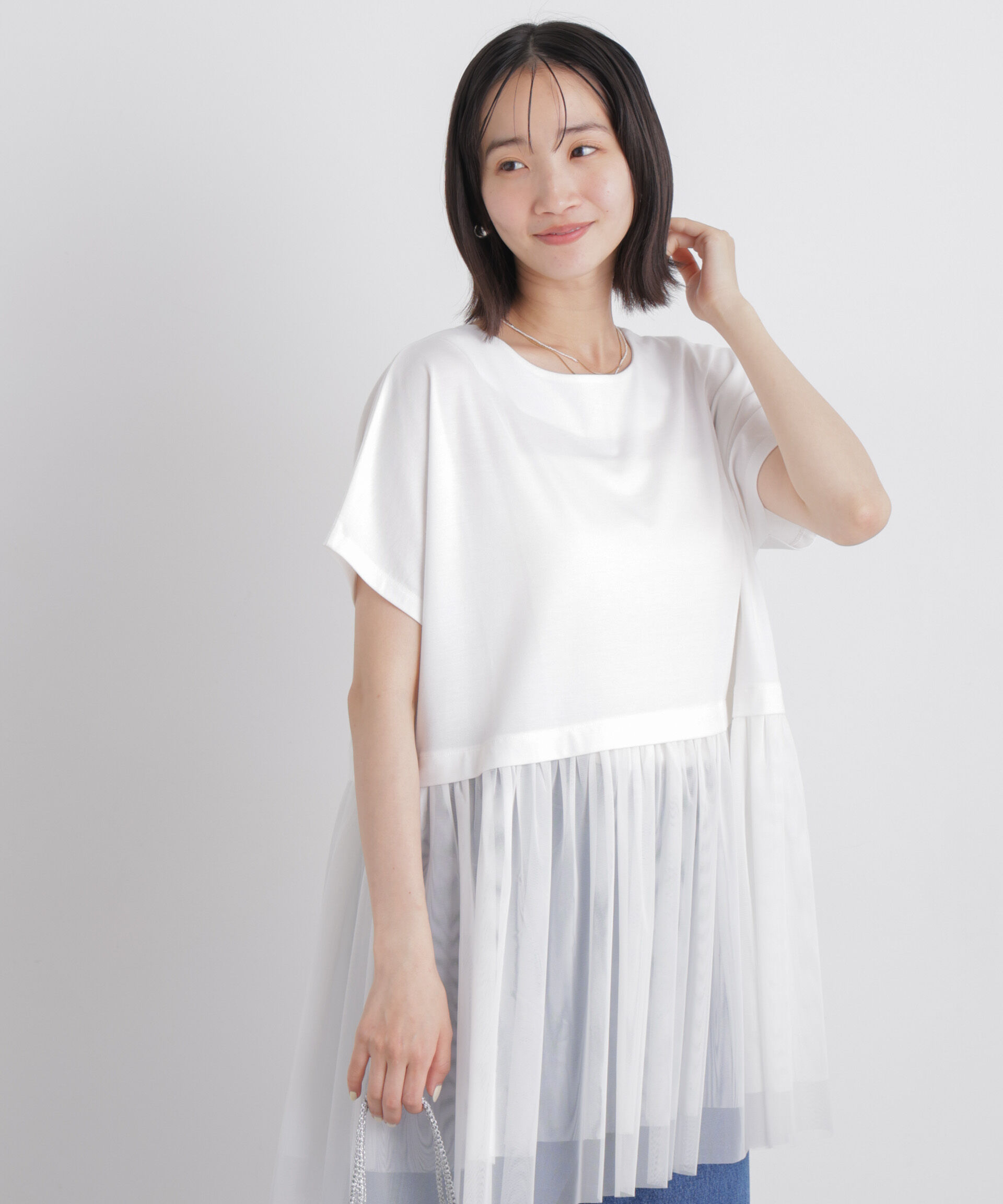 NANO universe「チュールドッキングカットトップス」|Tシャツ・カットソー|