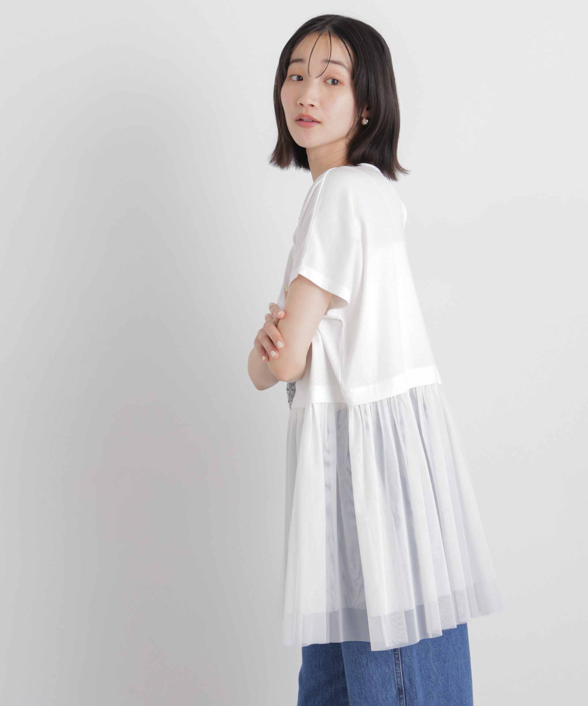 NANO universe「チュールドッキングカットトップス」|Tシャツ・カットソー|