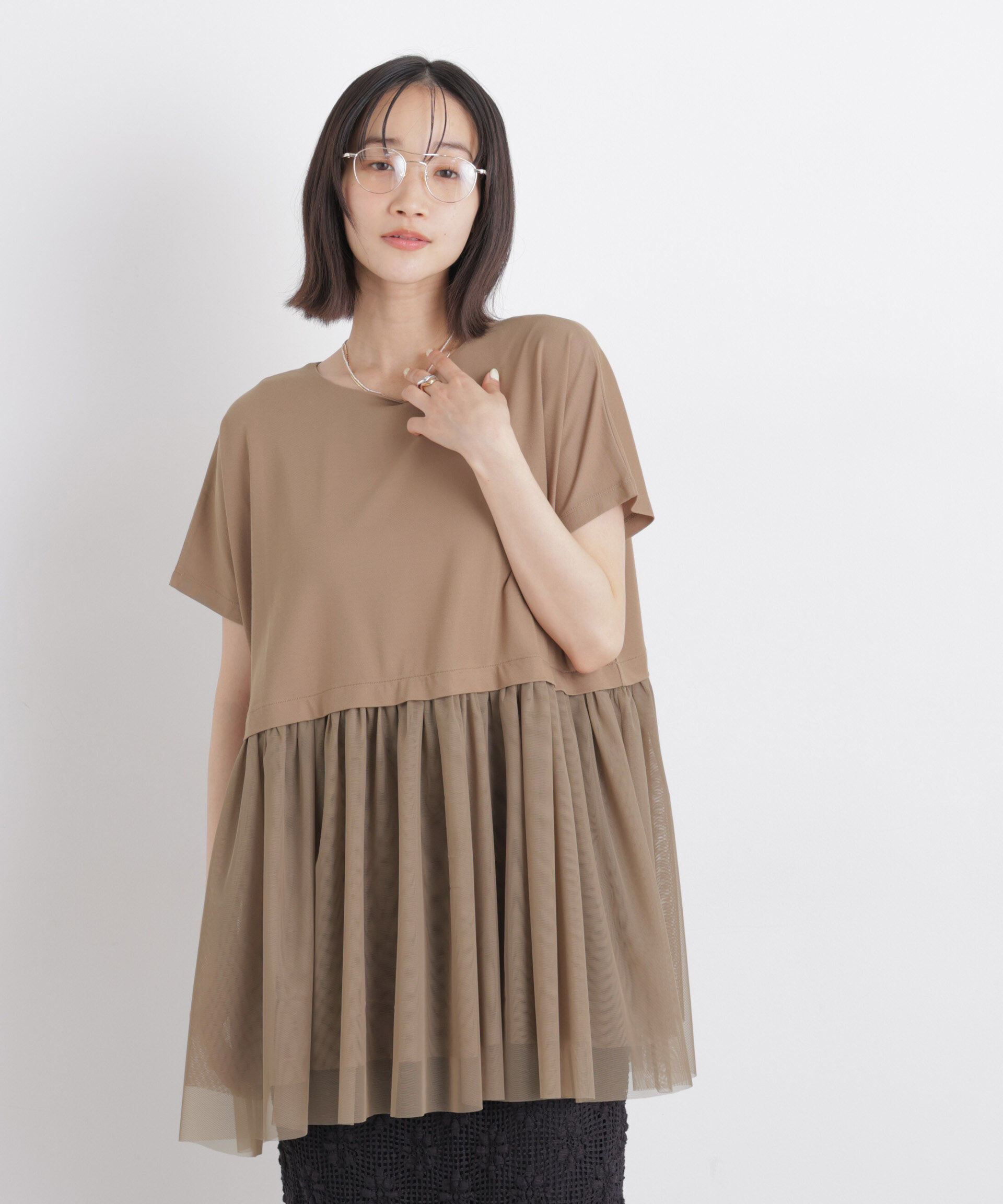 NANO universe「チュールドッキングカットトップス」|Tシャツ・カットソー|モカ3