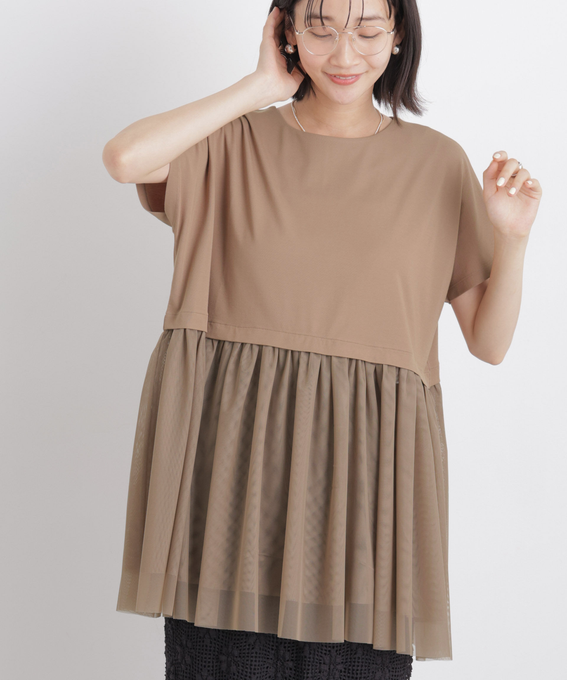NANO universe「チュールドッキングカットトップス」|Tシャツ・カットソー|