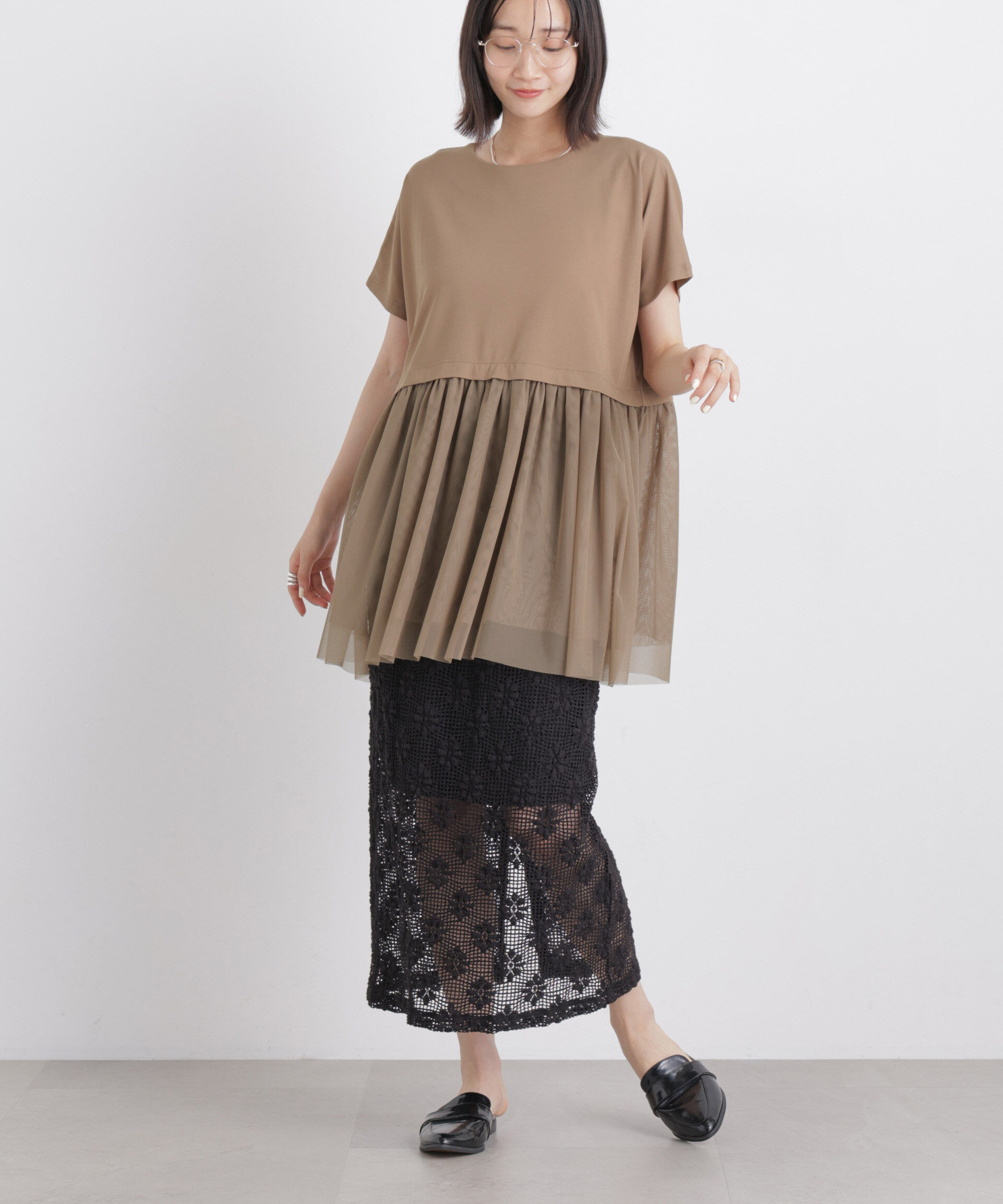 NANO universe「チュールドッキングカットトップス」|Tシャツ・カットソー|