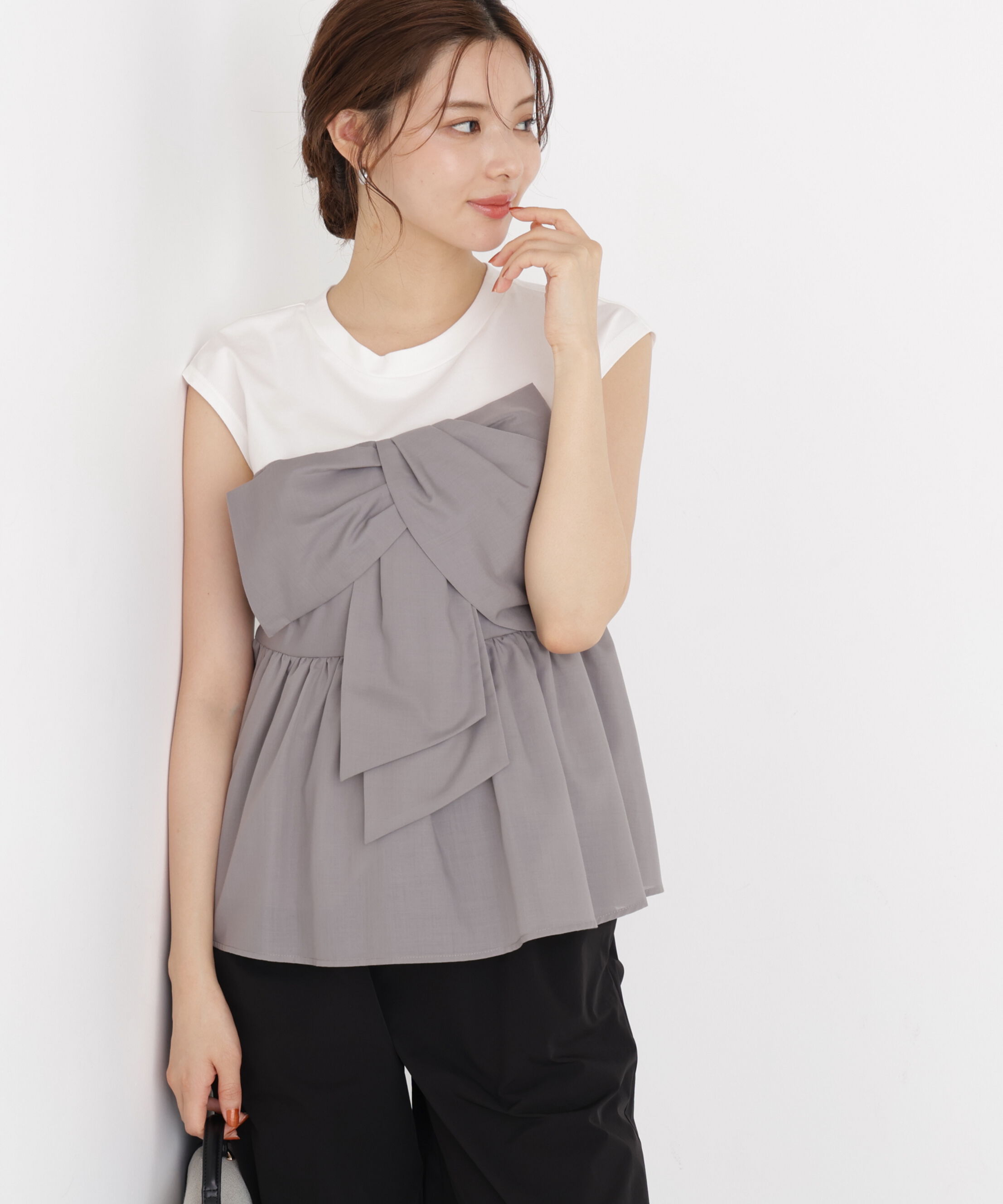 PROPORTION BODY DRESSING「フロントリボンドッキングカットソー」|Tシャツ・カットソー|グレー&times;ホワイ