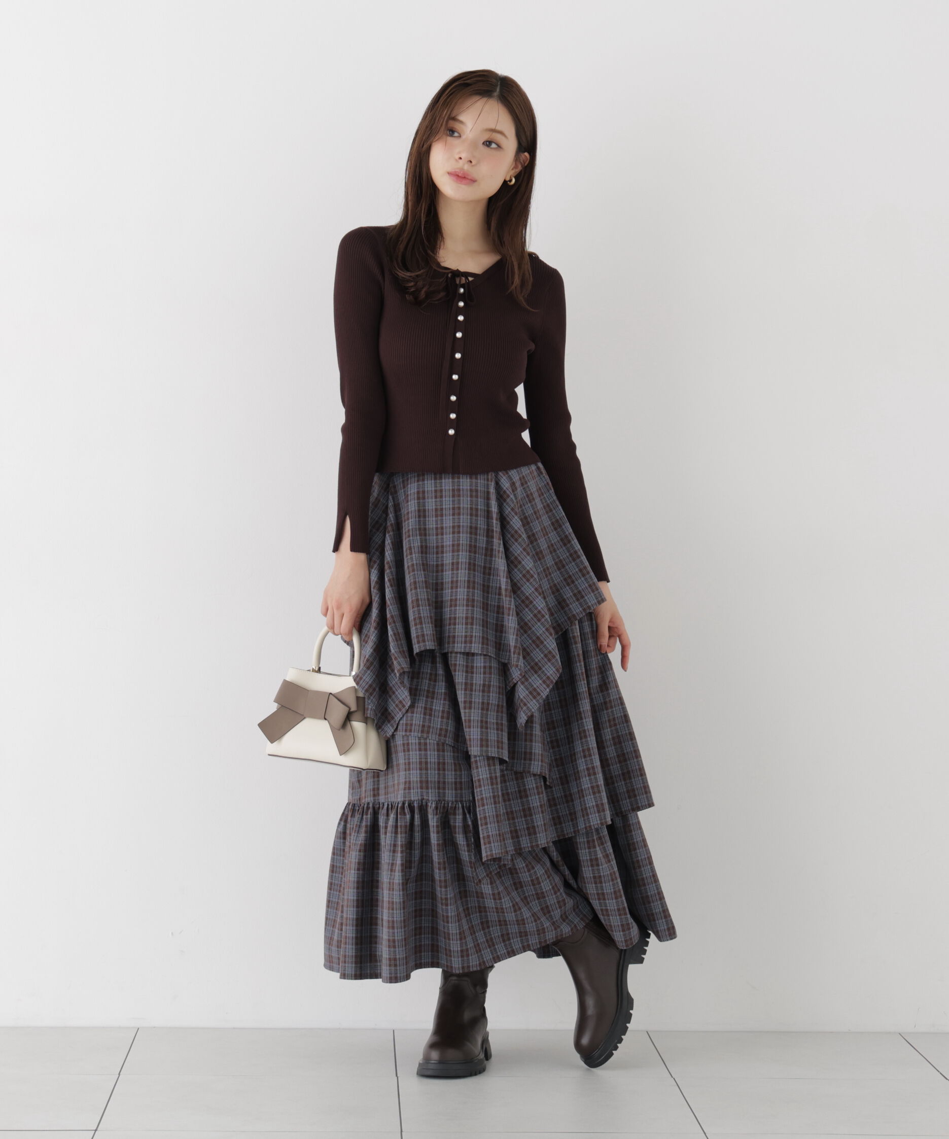 PROPORTION BODY DRESSING「チェック柄ティアードスカート」|スカート|ブラウン