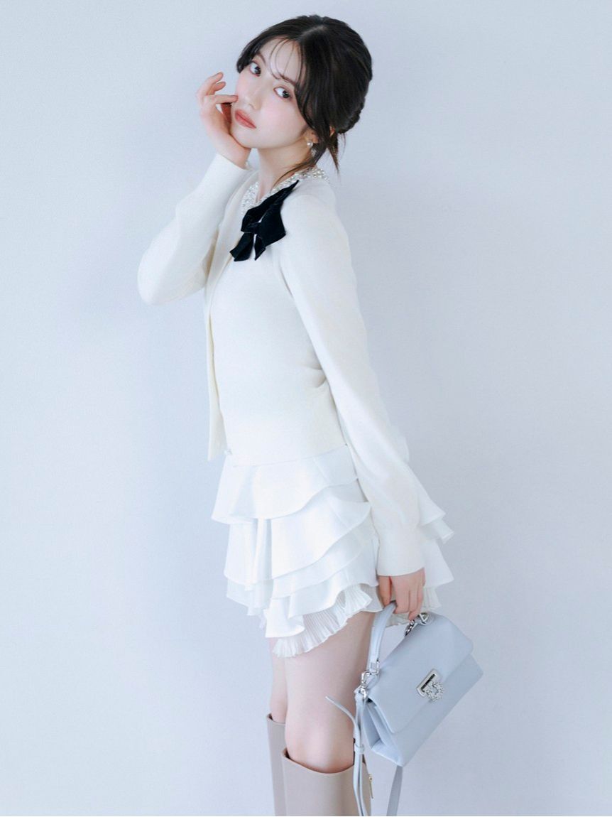SNIDEL「【WEB限定】ベロアリボン付きパールビジューニットカーディガン」|カーディガン|