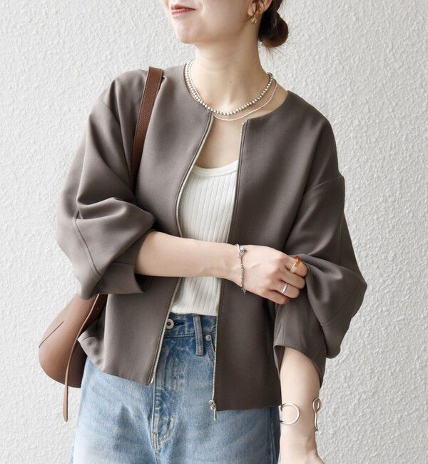 SHIPS any「〈洗濯機可能〉ダブルクロス ノーカラー ジップ ブルゾン［NAVY BLUE］」|ノーカラージャケット|