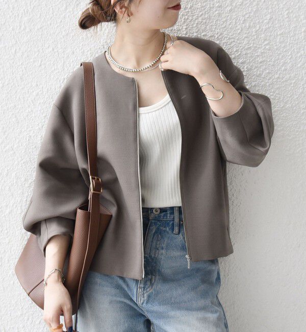 SHIPS any「〈洗濯機可能〉ダブルクロス ノーカラー ジップ ブルゾン［NAVY BLUE］」|ノーカラージャケット|